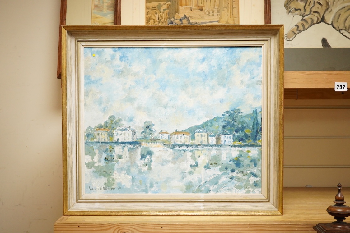 David Stileman (20th. C), harbour view with houses, signed and dated 1970, oil on canvas, 37 x 44cm